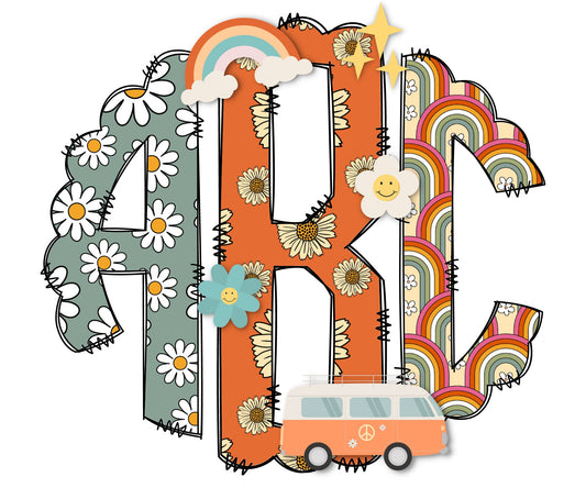 Retro Rainbow Monogram Letters, Hippy Flower Sublimation PNG Doodle Alpha Bundle, Hippie Boho Sublimation Font PNG Floral, Orange and Green