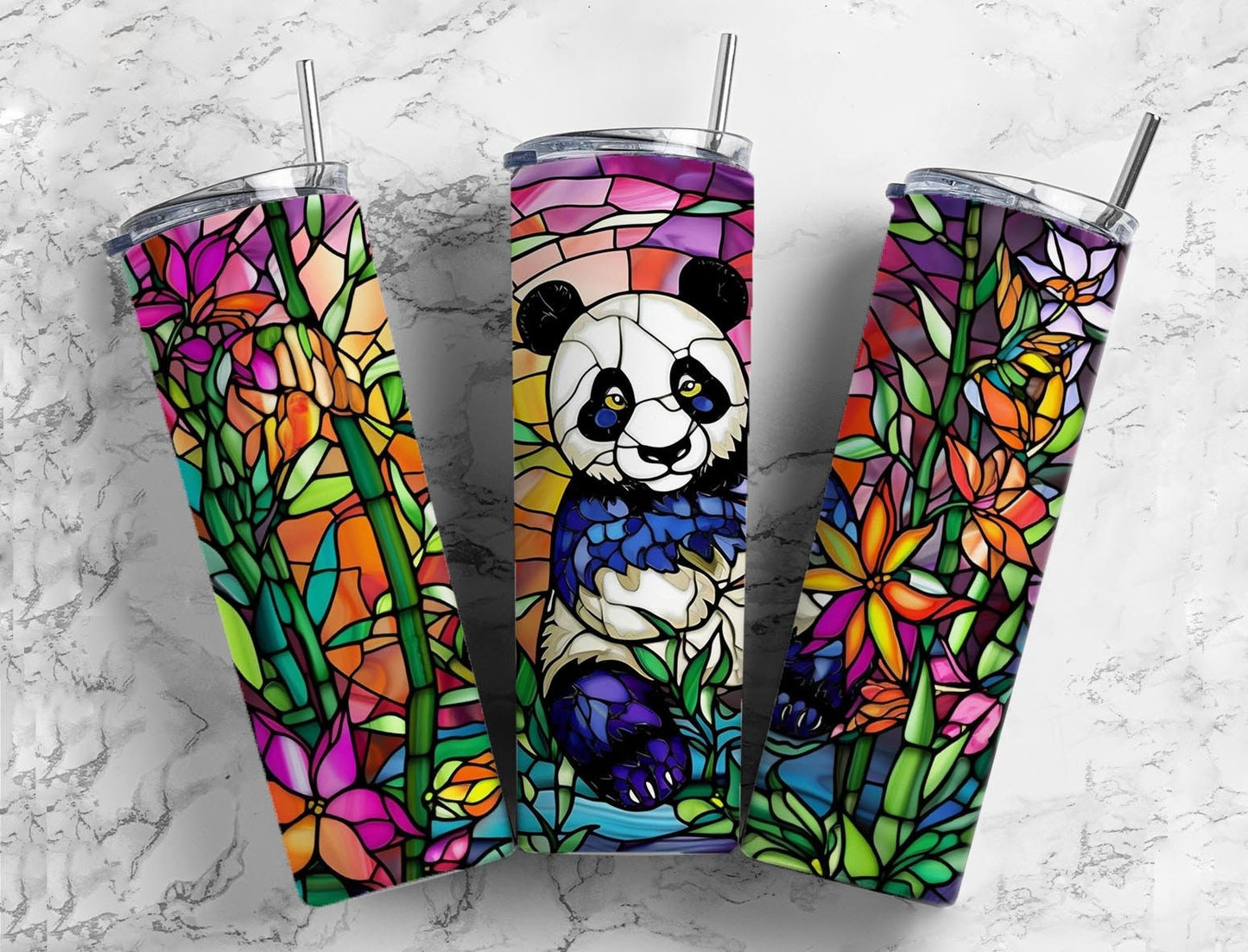 Stained glass panda 20oz Sublimation Tumbler Designs, Bamboo floral 9.2 x 8.3” Straight Skinny Tumbler Wrap PNG