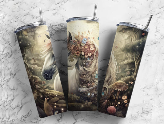 White horse 20oz Sublimation Tumbler Designs, Mushroom floral 9.2 x 8.3” Straight Skinny Tumbler Wrap PNG