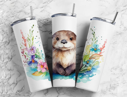 sea otter 20oz Sublimation Tumbler Designs, Colorful floral 9.2 x 8.3” Straight Skinny Tumbler Wrap PNG