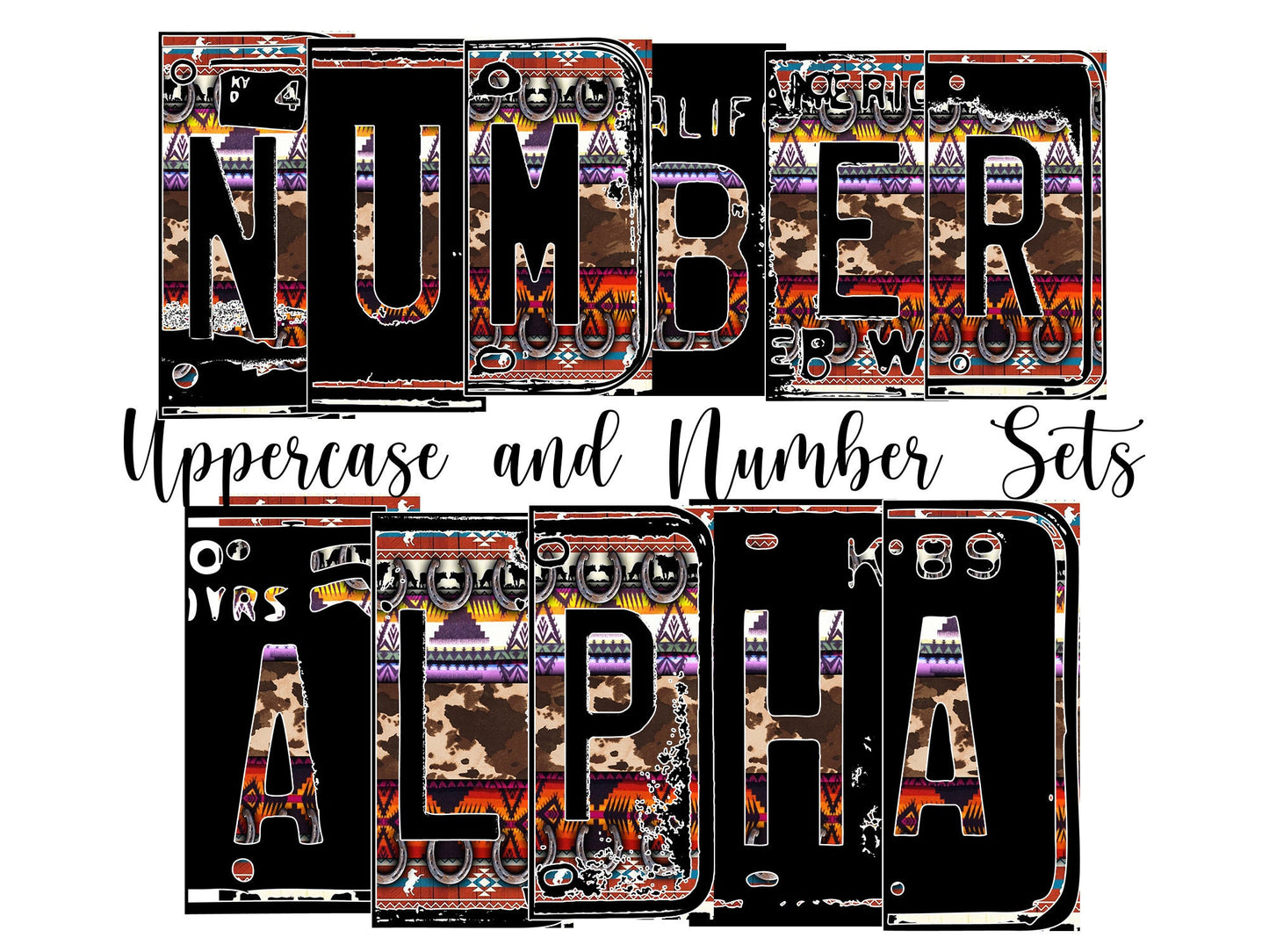 Aztec Cow Number Plate Alphabet Uppercase Numbers PNG, Serape Country Alphabet PNG Digital Download