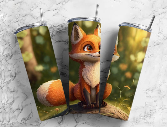 Cartoon fox 20oz Sublimation Tumbler Designs, Woodland forest 9.2 x 8.3” Straight Skinny Tumbler Wrap PNG