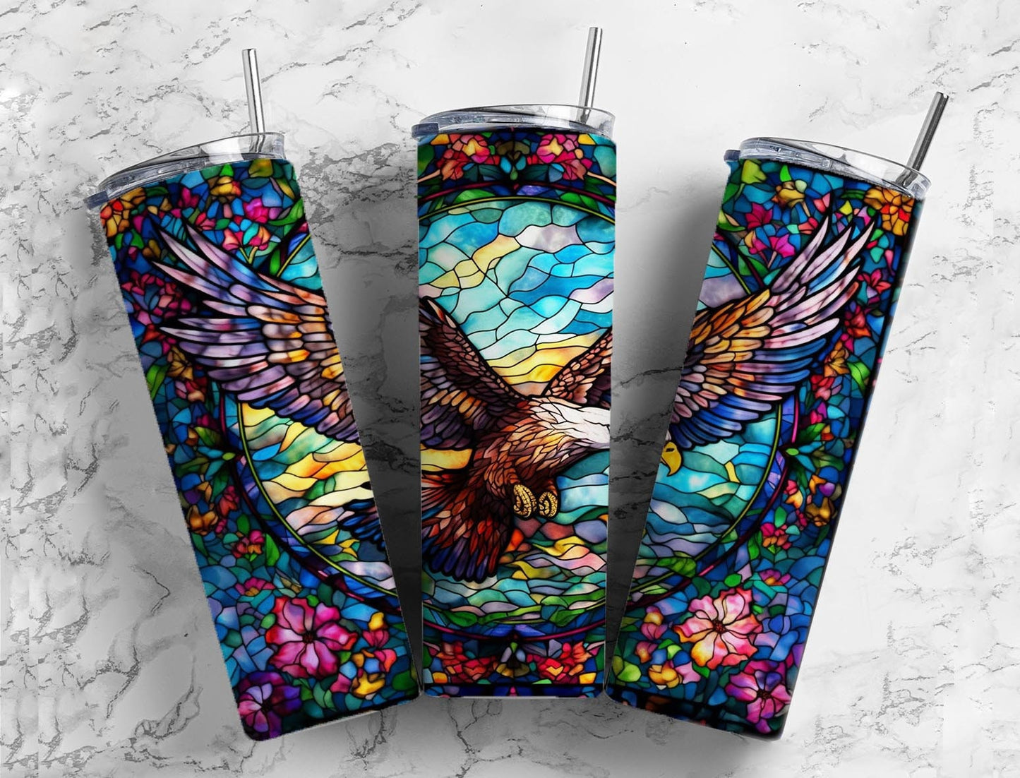 Eagle floral 20oz Sublimation Tumbler Designs, stained glass 9.2 x 8.3” Straight Skinny Tumbler Wrap PNG