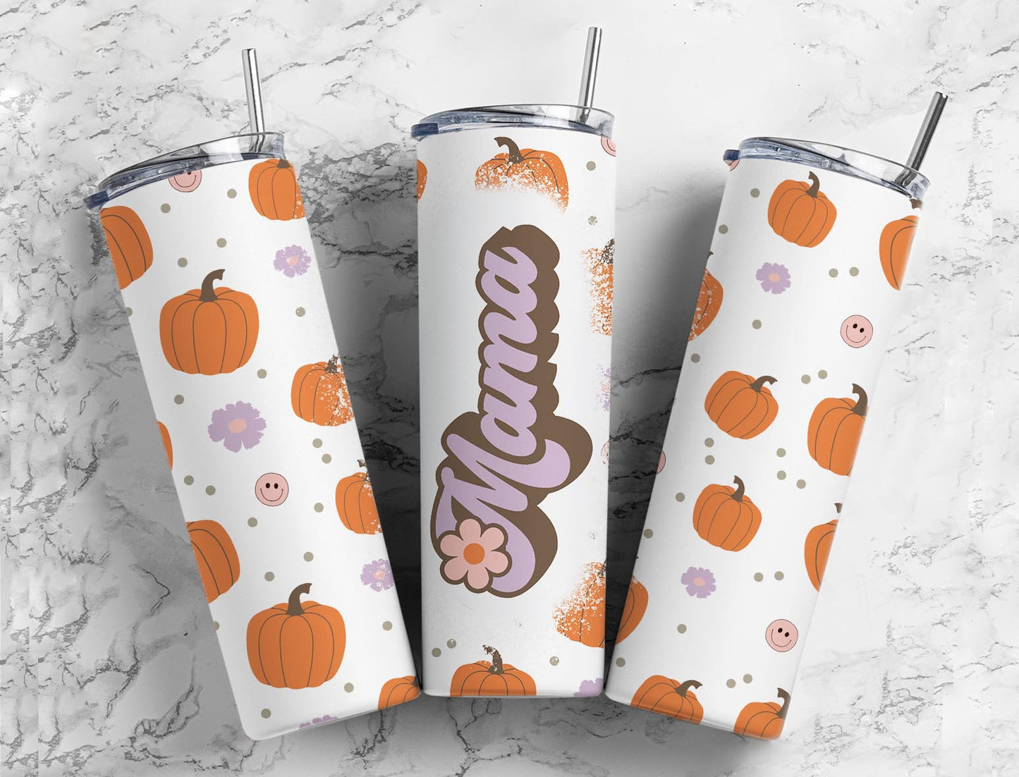 Pumpkin Fall Retro 20oz Sublimation Tumbler Designs, Mom Aesthetic Floral 9.2 x 8.3” Straight Skinny Tumbler Wrap PNG, Mama, Smiley Face