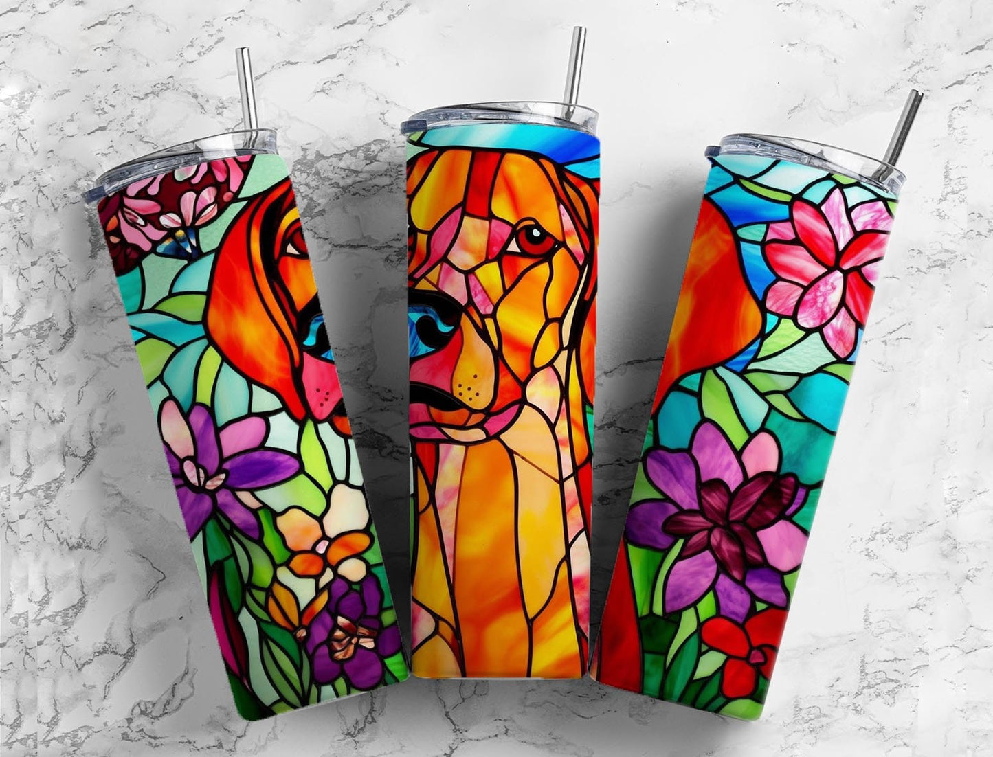 brown dog 20oz Sublimation Tumbler Designs, Stained glass 9.2 x 8.3” Straight Skinny Tumbler Wrap PNG