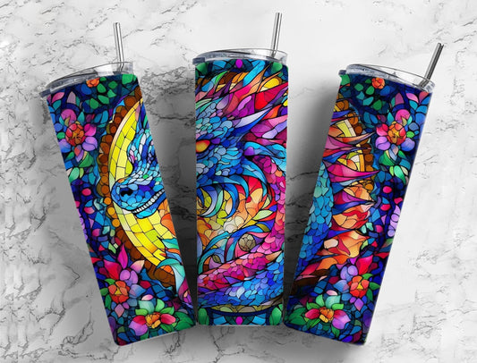 Dragon floral 20oz Sublimation Tumbler Designs, stained glass 9.2 x 8.3” Straight Skinny Tumbler Wrap PNG