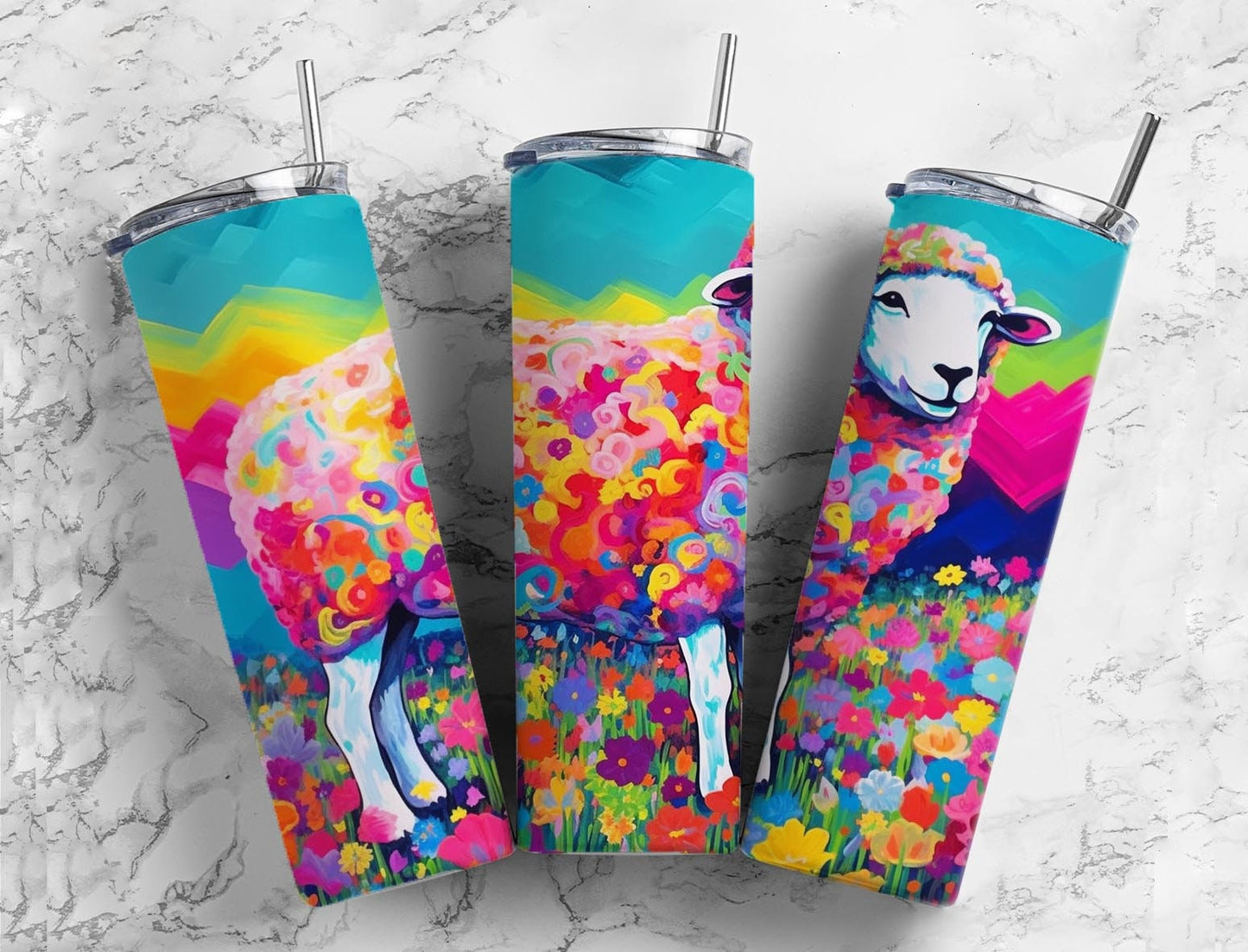 Colorful sheep 20oz Sublimation Tumbler Designs, Floral meadow 9.2 x 8.3” Straight Skinny Tumbler Wrap PNG