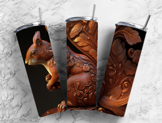 Tooled leather squirrel 20oz Sublimation Tumbler Designs, Engraved leather 9.2 x 8.3” Straight Skinny Tumbler Wrap PNG