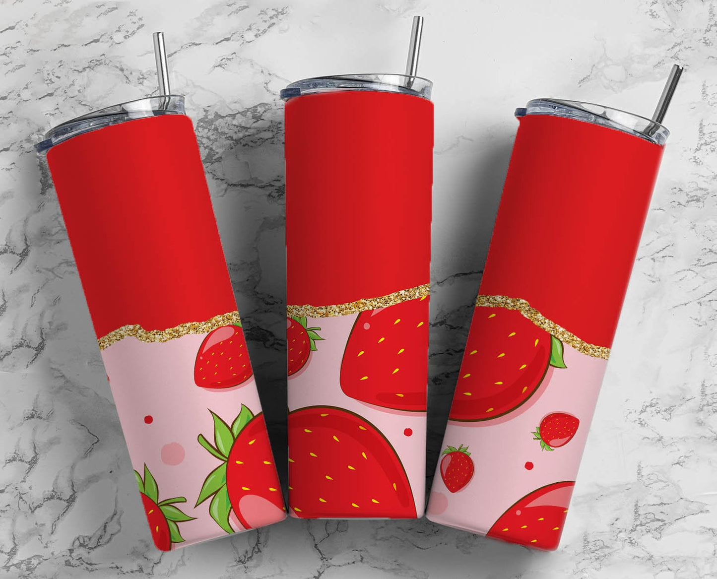 Strawberry Pink Red 20oz Sublimation Tumbler Designs, Gold Agate Line 9.2 x 8.3” Straight Skinny Tumbler Wrap PNG 168