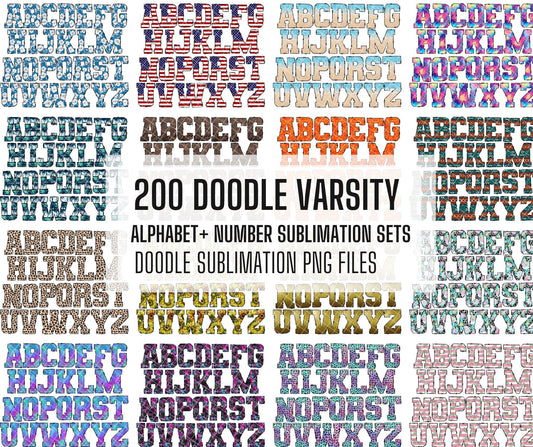 200 MEGA BUNDLE - Varsity Doodle Letters! 100 Uppercase Entire Doodle Alphabet, Numbers Individually Saved PNG, alphabet png