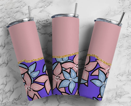 Pink Flower 20oz Sublimation Tumbler Designs, AestheticFloral 9.2 x 8.3” Straight Skinny Tumbler Wrap PNG, Gold Agate 172