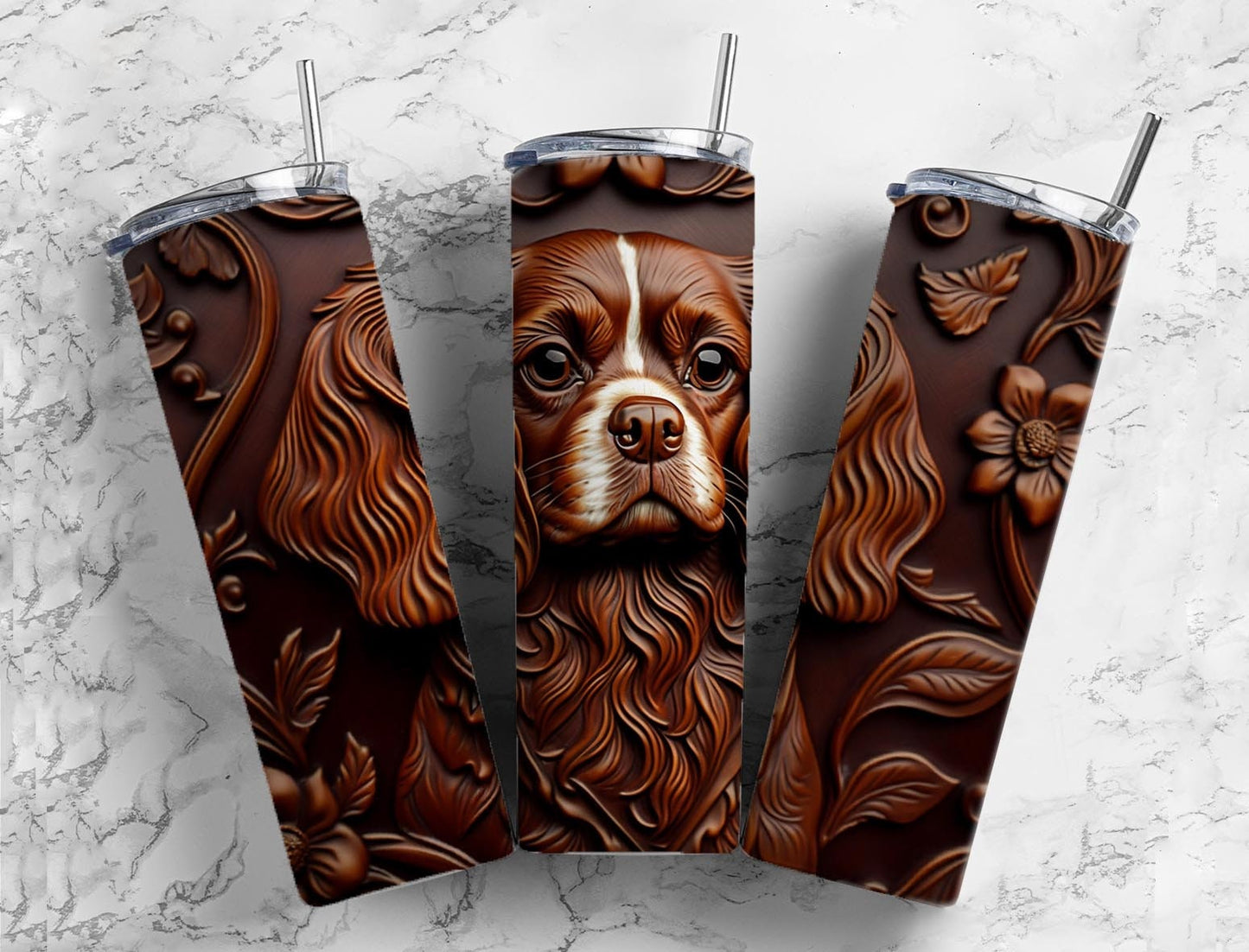 Tooled leather king Charles cavalier 20oz Sublimation Tumbler Designs, Engraved leather 9.2 x 8.3” Straight Skinny Tumbler Wrap PNG