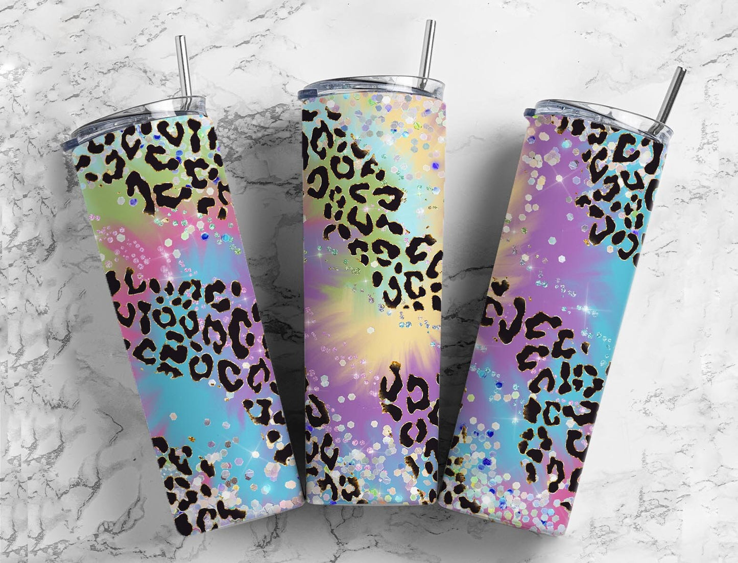 tie dye leopard print 20oz Sublimation Tumbler Designs, Rainbow spiral 9.2 x 8.3” Straight Skinny Tumbler Wrap PNG