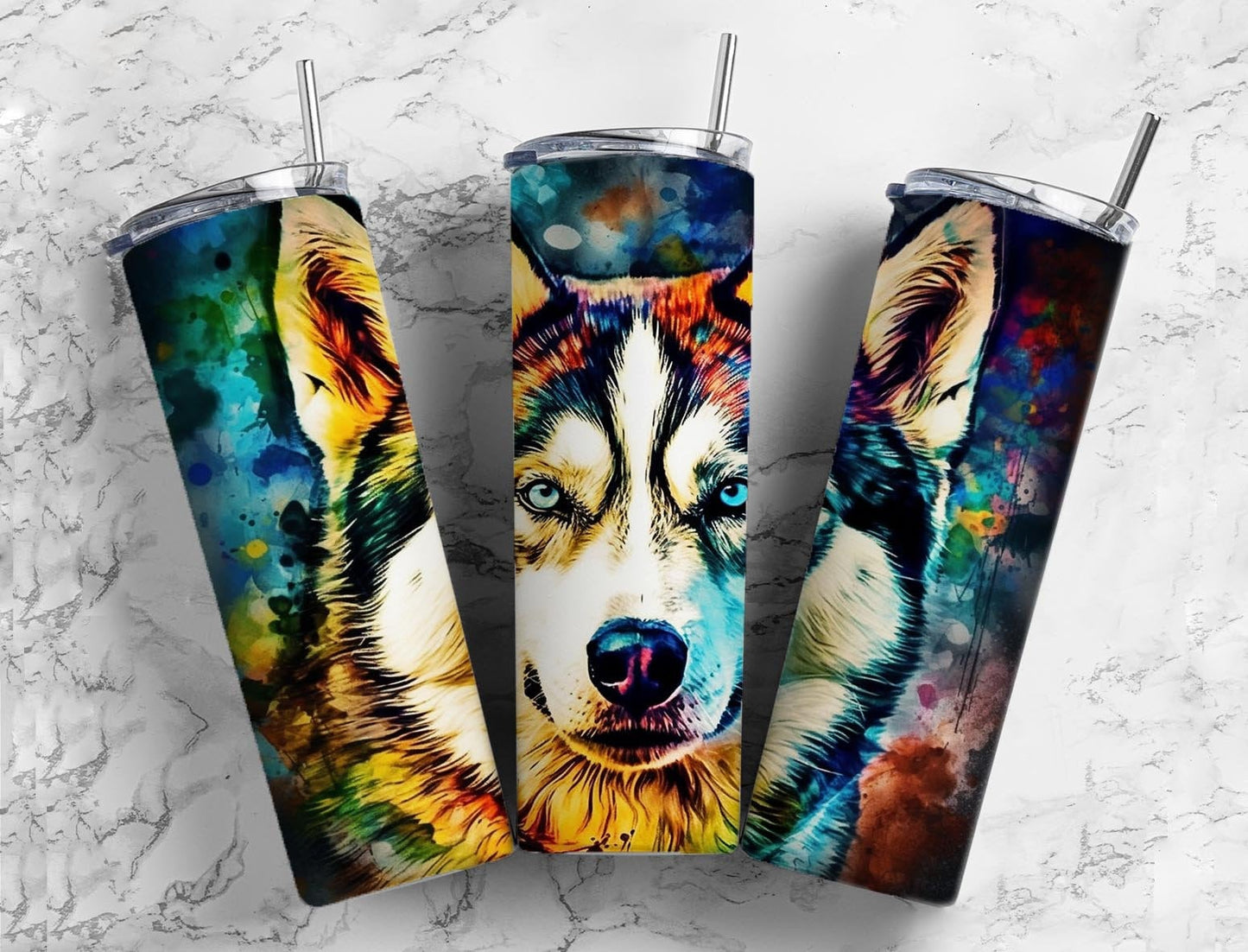 Siberian husky 20oz Sublimation Tumbler Designs, Colorful rainbow 9.2 x 8.3” Straight Skinny Tumbler Wrap PNG