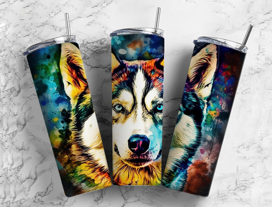 Siberian husky 20oz Sublimation Tumbler Designs, Colorful rainbow 9.2 x 8.3” Straight Skinny Tumbler Wrap PNG