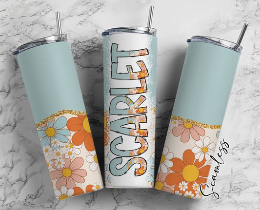 Retro Flower Tumbler Wrap with Matching Doodle Letter Alphabet PNG, Floral Aesthetic Add your Own name 20oz Tumbler, Alpha Set PNG 164