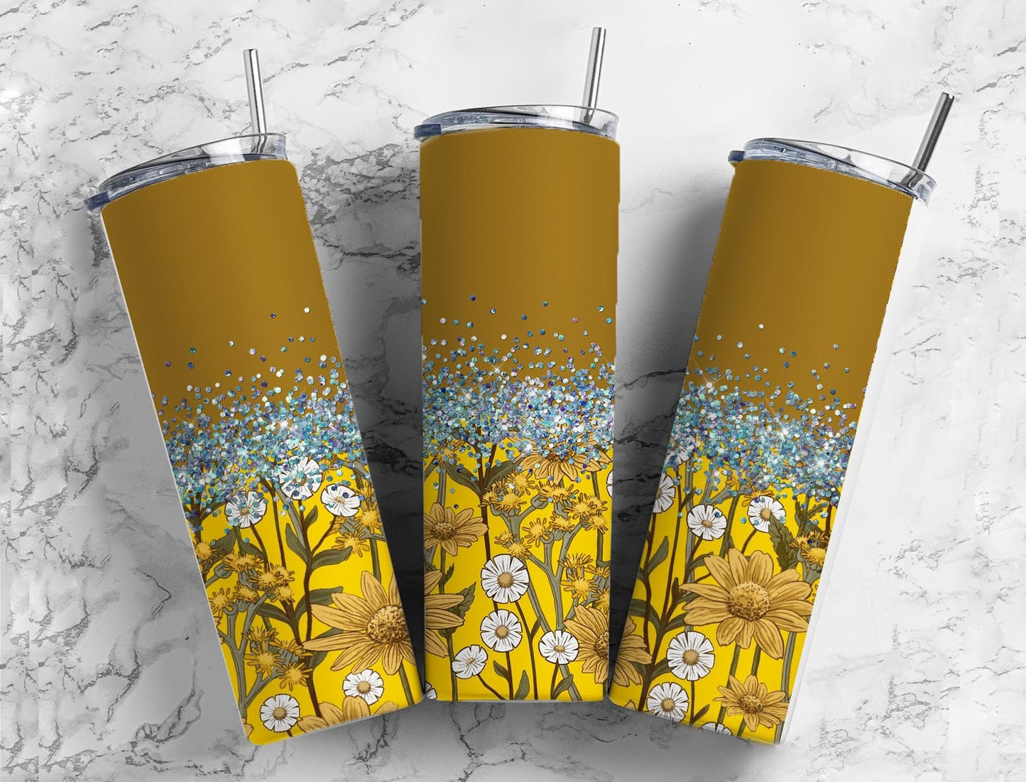 Daisy Boho 20oz Sublimation Tumbler Designs, Iridescent Glitter Brown 9.2 x 8.3” Straight Skinny Tumbler Wrap PNG