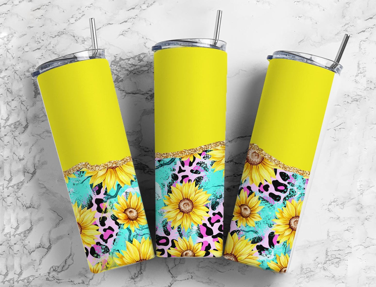 Yellow Sunflower and Turquoise 20oz Sublimation Tumbler Designs, Leopard Country Western 9.2 x 8.3” Straight Skinny Tumbler Wrap PNG