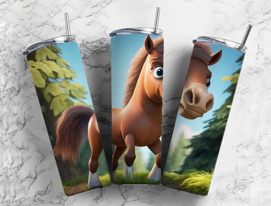 Cartoon horse 20oz Sublimation Tumbler Designs, Farm land 9.2 x 8.3” Straight Skinny Tumbler Wrap PNG