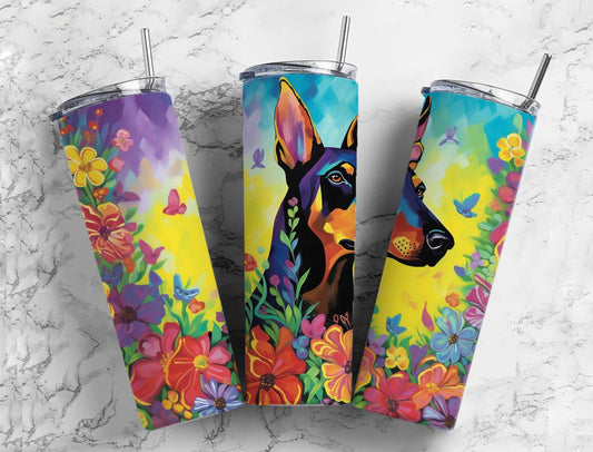 Doberman dog 20oz Sublimation Tumbler Designs, Floral landscape 9.2 x 8.3” Straight Skinny Tumbler Wrap PNG