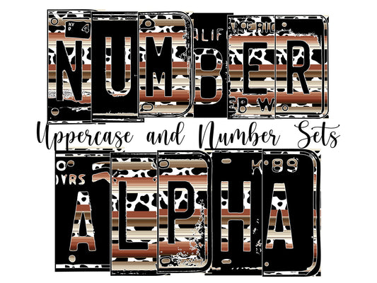 Cow Serape Number Plate Alphabet Uppercase Numbers PNG, Traditional Tan Alphabet PNG Digital Download