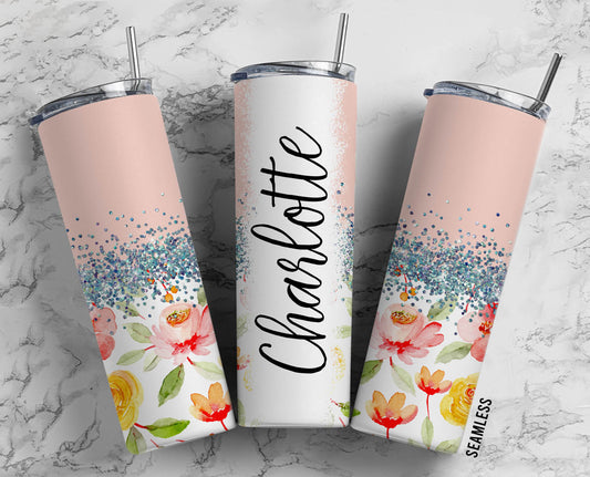 Pink Floral Flower 20oz Sublimation Tumbler Designs, Silver Glitter Split9.2 x 8.3” Straight Skinny Tumbler Wrap PNG 115