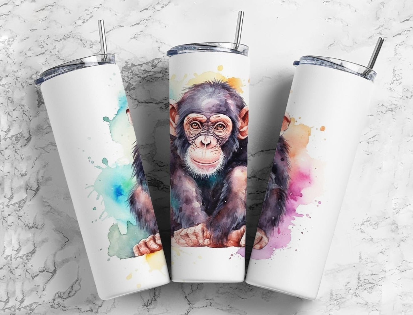 Chimpanzee monkey 20oz Sublimation Tumbler Designs, Paint splatter 9.2 x 8.3” Straight Skinny Tumbler Wrap PNG