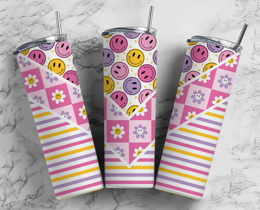 Smiley Face 20oz Sublimation Tumbler Designs, Pink Retro V Split 9.2 x 8.3” Straight Skinny Tumbler Wrap PNG 84, Aesthetic