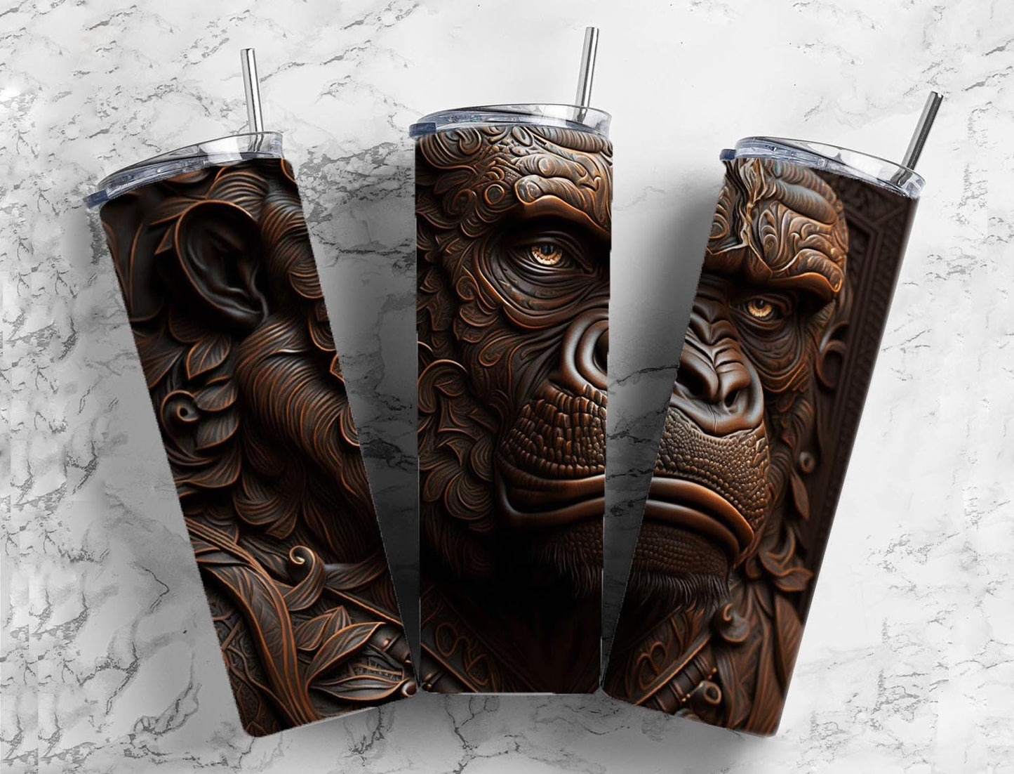 Tooled leather gorilla 20oz Sublimation Tumbler Designs, Carved leather 9.2 x 8.3” Straight Skinny Tumbler Wrap PNG