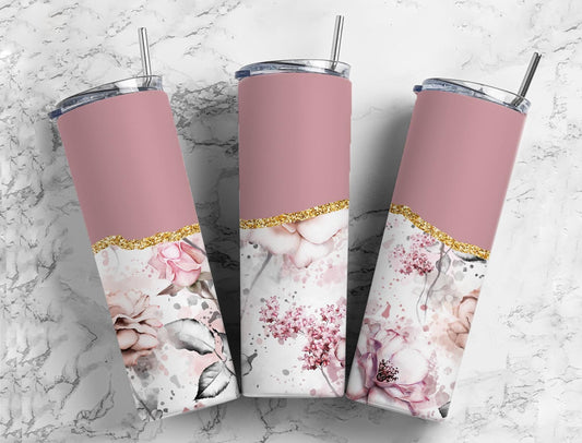 Vintage Flower 20oz Sublimation Tumbler Designs, Agate Glitter Pink 9.2 x 8.3” Straight Skinny Tumbler Wrap PNG