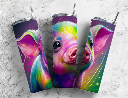 Alcohol Ink Piglet 20oz Sublimation Tumbler Designs, Rainbow Pig 9.2 x 8.3” Straight Skinny Tumbler Wrap PNG, Sublimation Design PNG