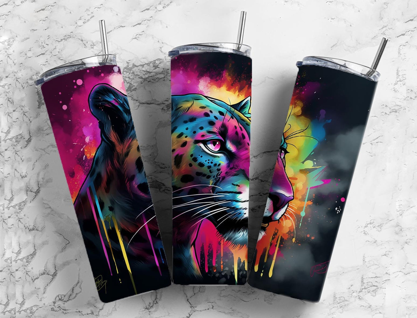 Colorful leopard 20oz Sublimation Tumbler Designs, Paint splatter 9.2 x 8.3” Straight Skinny Tumbler Wrap PNG