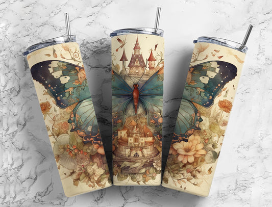 Blue butterfly 20oz Sublimation Tumbler Designs, Neutral floral 9.2 x 8.3” Straight Skinny Tumbler Wrap PNG