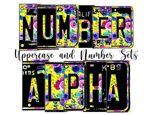 Yellow Floral Number Plate Alphabet Uppercase Numbers PNG, Pink Purple Flower Alphabet PNG Digital Download