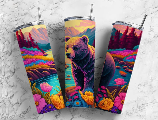 Bear 20oz Sublimation Tumbler Designs, Vibrant Neon Rainbow 9.2 x 8.3” Straight Skinny Tumbler, Tumbler Wrap PNG