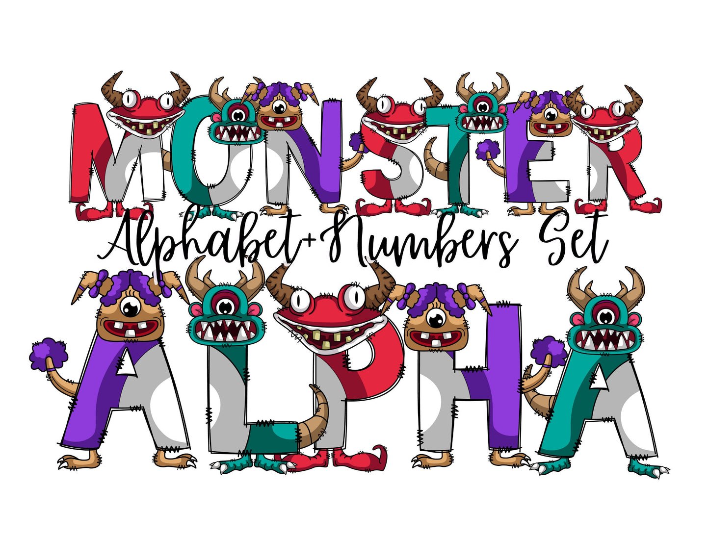 Monster Doodle Letters, Monster Alphabet, Monster Alphabet PNG, Entire Doodle Alphabet Uppercase Lowercase Numbers PNG, Lion Tiger png