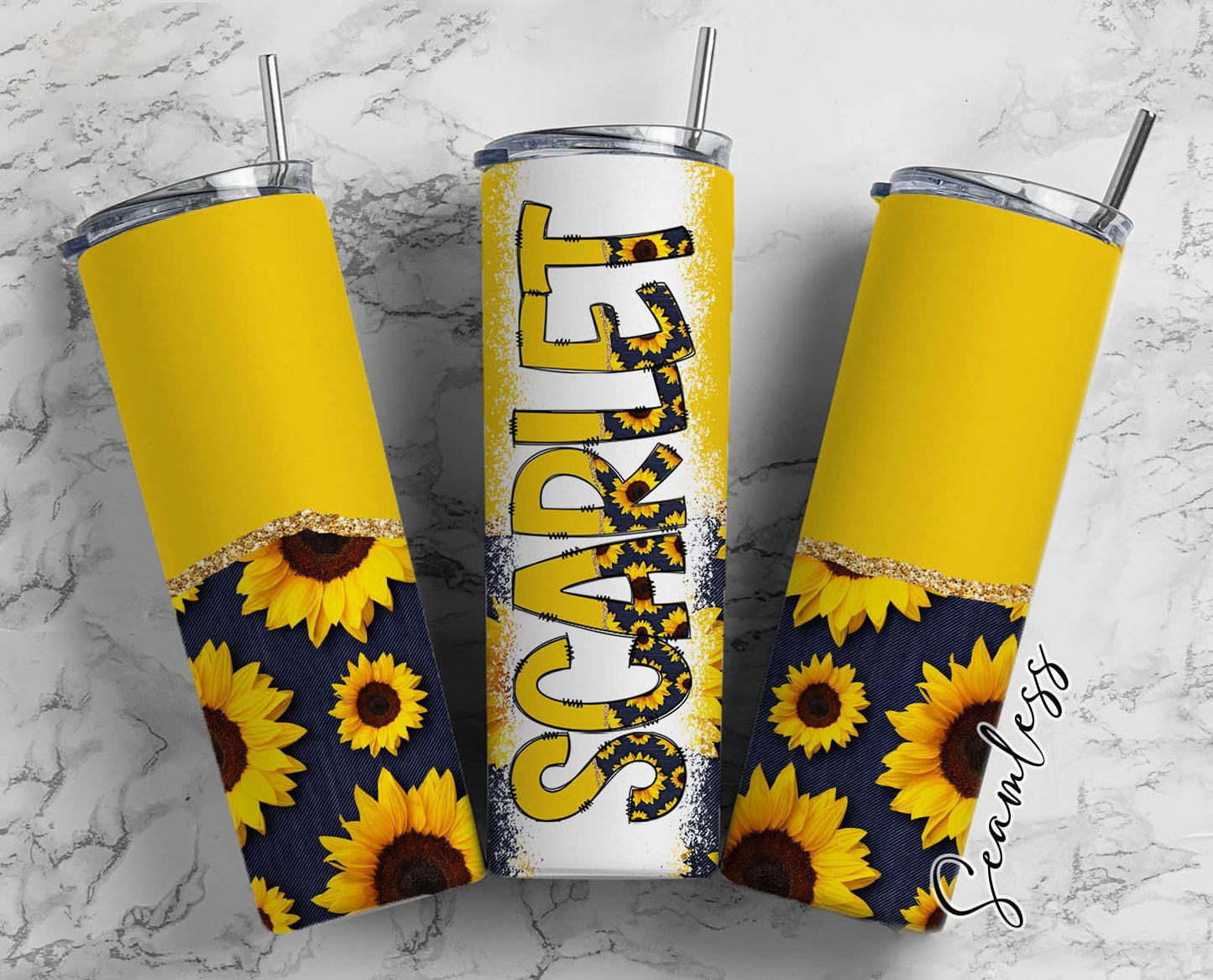 YEllow SunFlower Tumbler Wrap with Matching Doodle Letter Alphabet PNG, Floral Aesthetic Add your Own name 20oz Tumbler, Alpha Set PNG 183