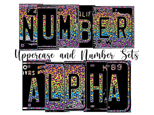 Rainbow Leopard Number Plate Alphabet Uppercase Numbers PNG, Neon Animal Print Alphabet PNG Digital Download