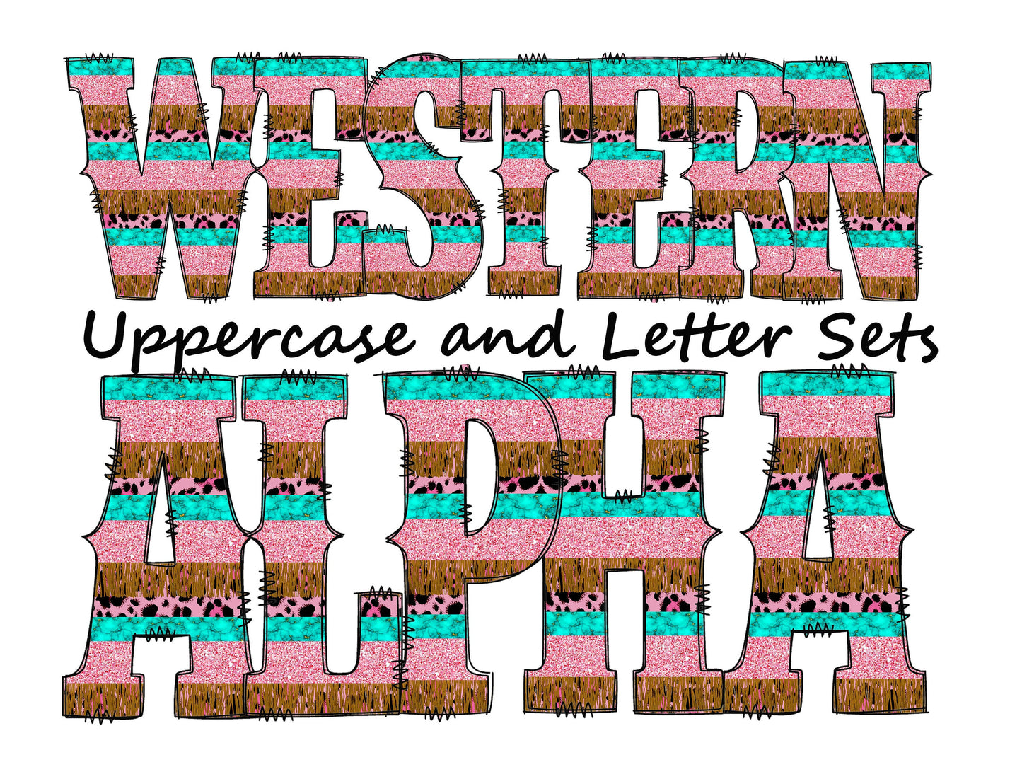 Pink and blue striped Doodle Letters Western Alphabet, Leopard print Alphabet PNG, Entire Doodle Alphabet Uppercase and Numbers PNG