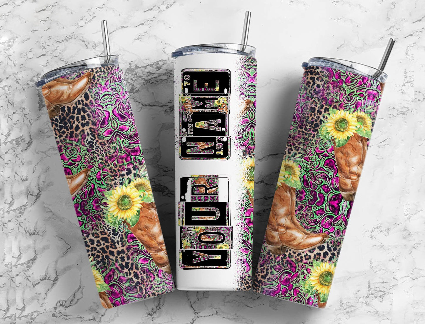 Cowboy boot Number Plate 20 oz Tumbler with Matching Alphabet PNG, Sunflower floral Alphabet PNG Digital Download