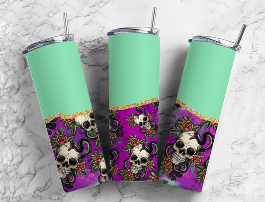 Teal and Purple Skull and Rose 20oz Sublimation Tumbler Designs, Black Rose 9.2 x 8.3” Straight Skinny Tumbler Wrap