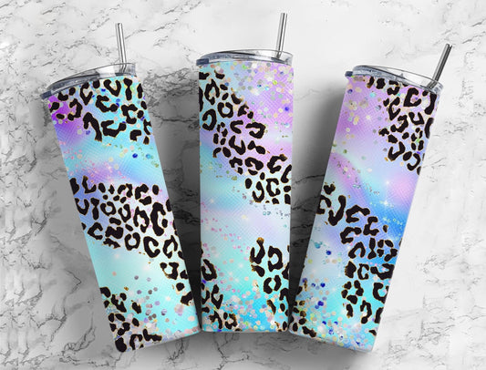 Blue and purple leopard print 20oz Sublimation Tumbler Designs, Colorful animal print 9.2 x 8.3” Straight Skinny Tumbler Wrap PNG