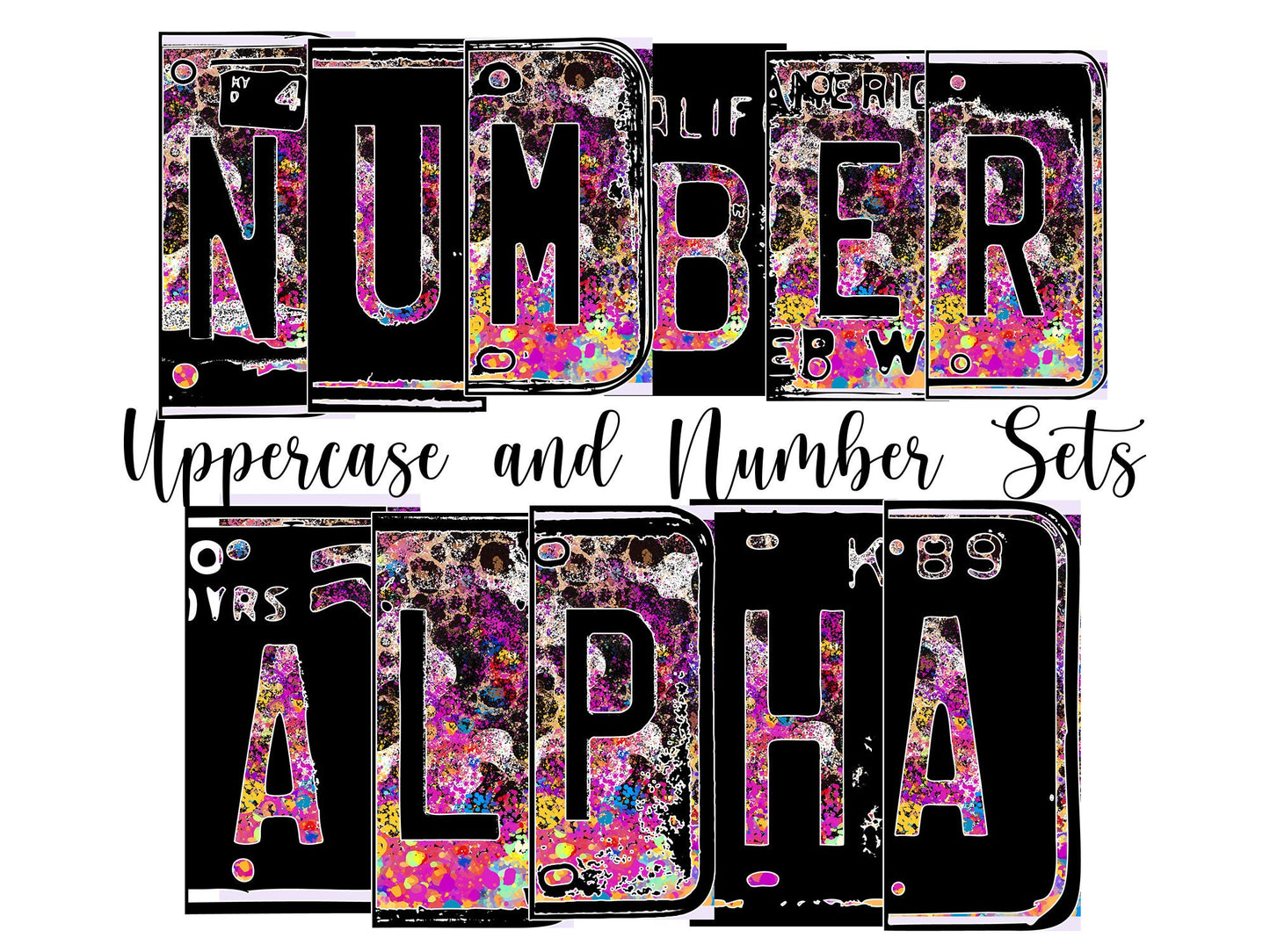 Leopard Rainbow Number Plate Alphabet Uppercase Numbers PNG, Paint Splatter Alphabet PNG Digital Download