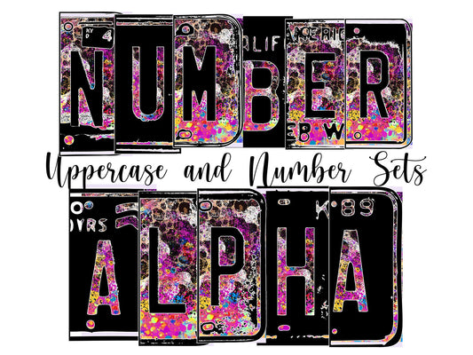 Leopard Rainbow Number Plate Alphabet Uppercase Numbers PNG, Paint Splatter Alphabet PNG Digital Download