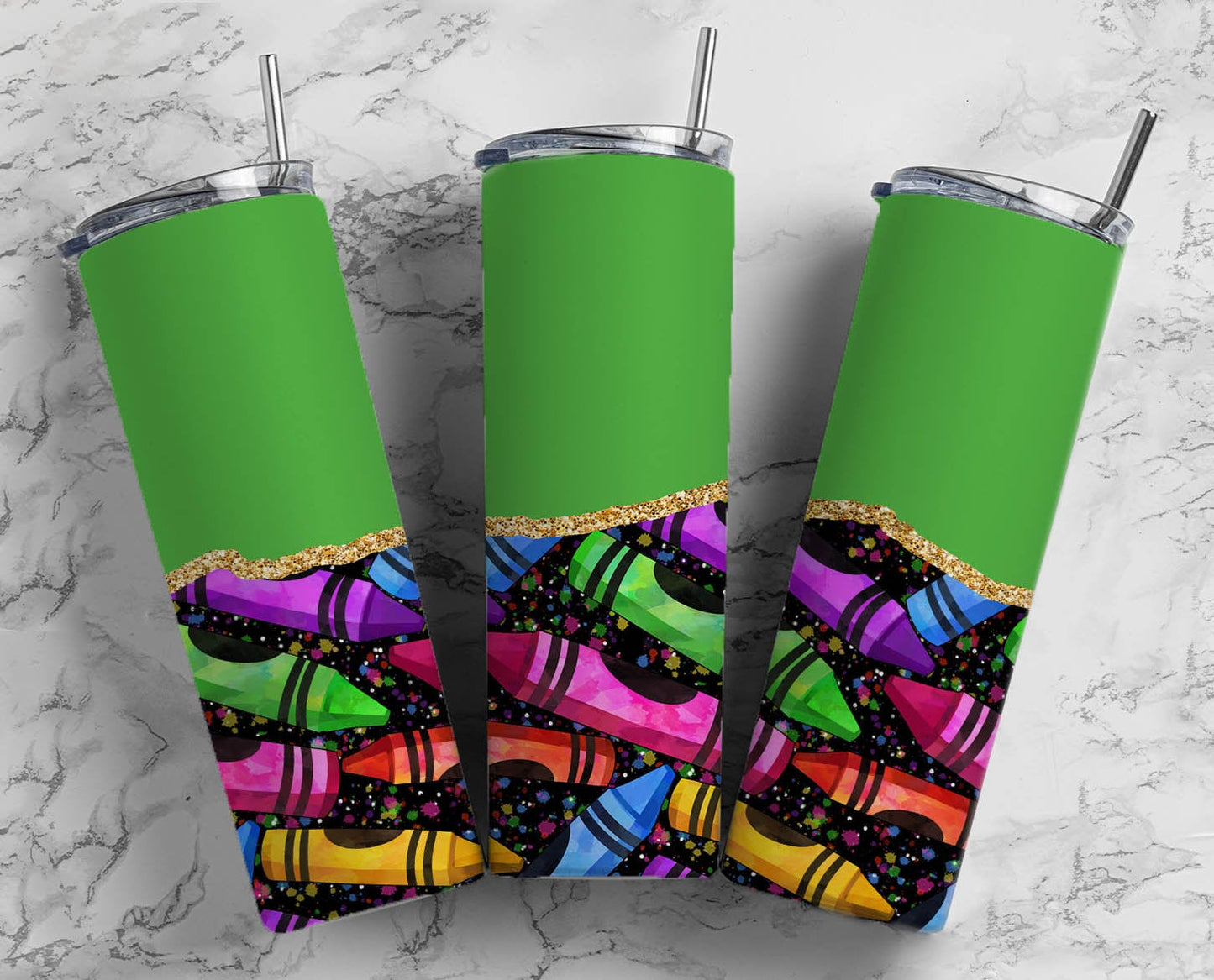 Crayon Teacher 20oz Sublimation Tumbler Designs, Green Gold Agate Line 9.2 x 8.3” Straight Skinny Tumbler Wrap PNG 166