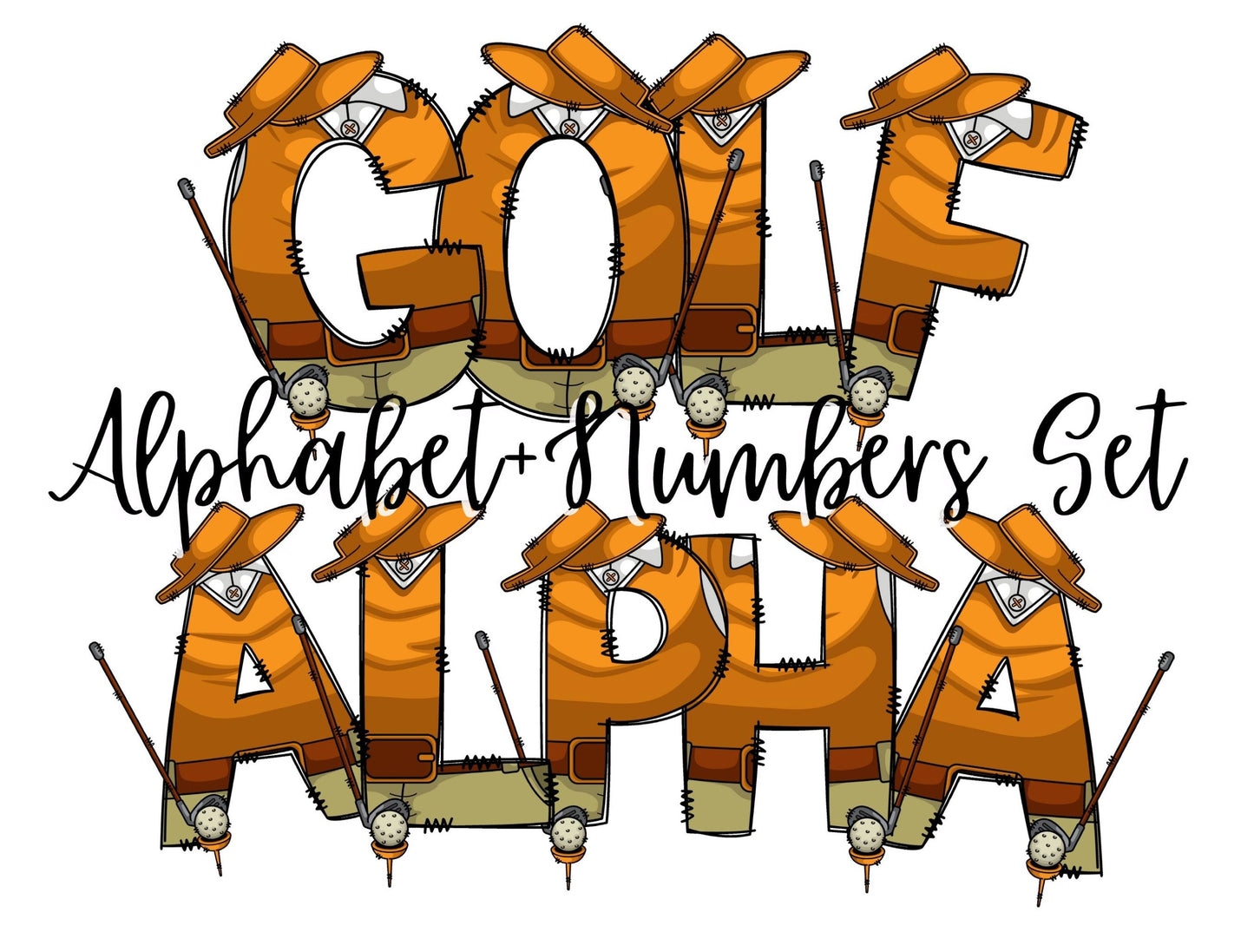 Golf Doodle Letters Alphabet with Uppercase and Numbers PNG, Alphabet PNG Digital Download PNG