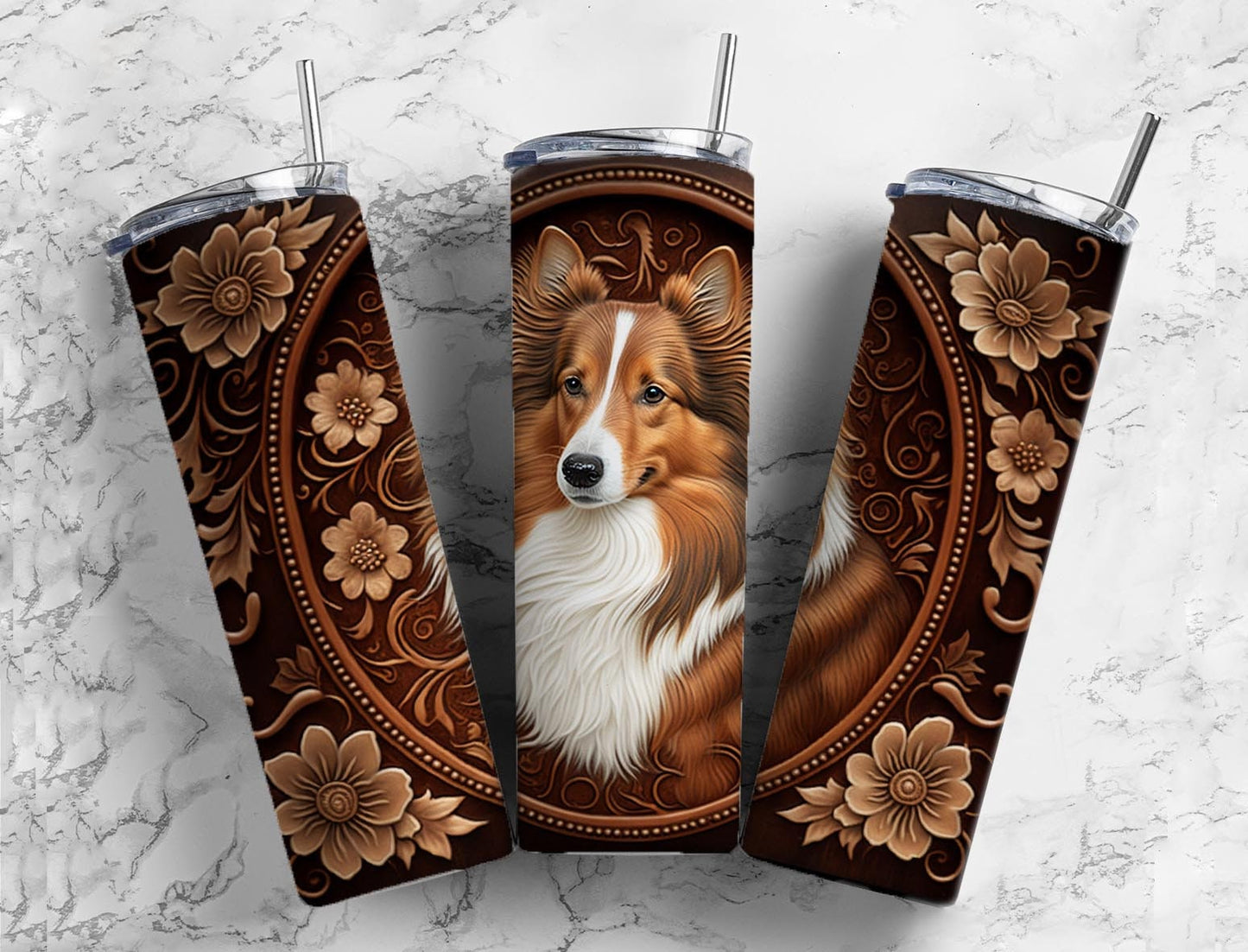 Tooled leather Shetland sheepdog 20oz Sublimation Tumbler Designs, Engraved leather 9.2 x 8.3” Straight Skinny Tumbler Wrap PNG