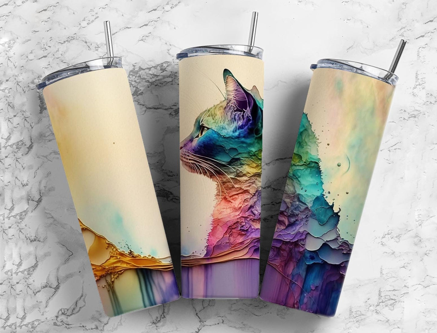 Cat 20oz Sublimation Tumbler Designs, Alcohol Ink Watercolor 9.2 x 8.3” Straight Skinny Tumbler, Tumbler Wrap PNG