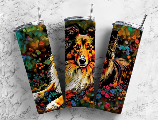 Shetland sheepdog 20oz Sublimation Tumbler Designs, Floral landscape 9.2 x 8.3” Straight Skinny Tumbler Wrap PNG