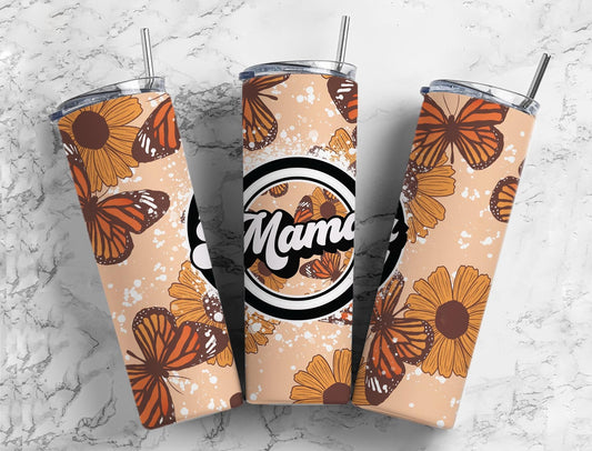 Retro Butterfly 20oz Sublimation Tumbler Designs, Boho Mama x 8.3” Straight Skinny Tumbler Wrap PNG, Sublimation Design PNG